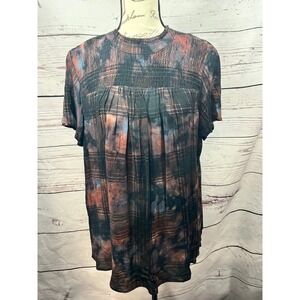 Torrid Womens Size 0 Plaid Tie Dye Smocked High Neck Short Sleeve Blouse Black